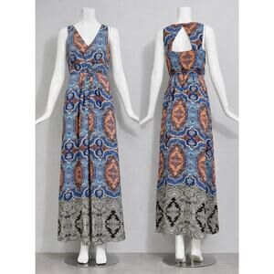 Anthropologie Maeve Medallion Paisley Silk Maxi Dress Blue Orange Teal Size 0